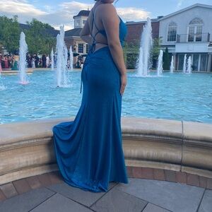 Blue glittery prom dress, strapped back and slit on leg